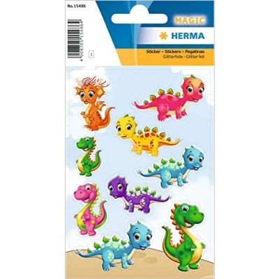 Abbildung von HERMA 15486 Aufkleber Dinosaurier Glitzer klein groß, 9 Stück, Tiere Sticker mit lustigen Dino Saurier Motiv, Kinder Etiketten für Fotoalbum Tagebuch Poesiealbum Scrapbooking Geburtstag Deko Briefe
