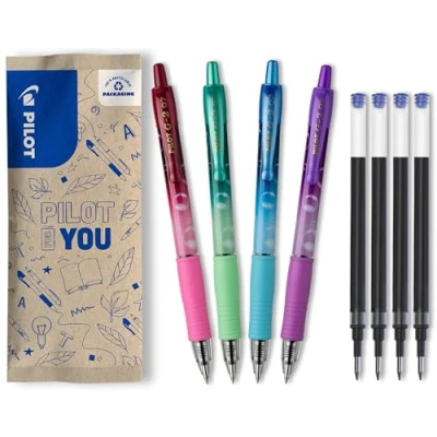 Abbildung von PILOT 4er Set G2 Bubble + 4 Nachfüllungen Gelschreiber mit Druckmechanik Schreibkomfort ausgezeichnet Gehäuse in Violett, Grün, Türkis und Bordeaux Blaue Tinte Mittelstarke Spitze