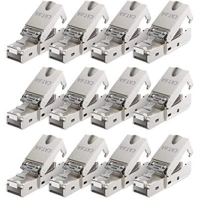 Abbildung von deleyCON 12x CAT 6a Werkzeugloser RJ45 Netzwerkstecker mit LSA Anschluss für Starre Verlegekabel Geschirmt 10 Gbit/s LAN Kabel Netzwerkkabel Stecker CAT6a Metallgehäuse