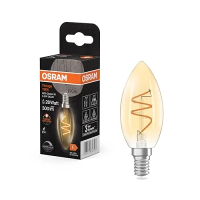 Abbildung von OSRAM Vintage 1906 Classic ist eine warmweiße, dimmbare LED Lampe in Minikerzenform mit spiralförmigem Filament. Sie bietet 3.5 W, 300 lm, E14 Fassung, goldfarbenes Glas, 35 mm Durchmesser, 2200 K.