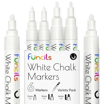 Abbildung von Funcils weiß Kreidestifte für Fenster &amp; Tafel Kreidestift mit 1mm,3mm 6mm Spitze Ideal als weißer Kreidemarker, Glasstift abwaschbar, Fensterstifte, Tafelkreide Stift, Chalk markers