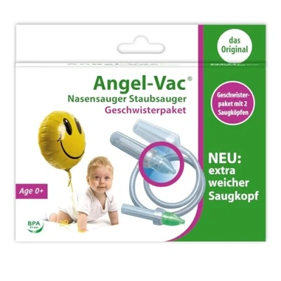 Abbildung von Nasensauger Baby, Angel Vac, Mit 2 Stück EXTRA WEICHEN Saugköpfen in zwei unterschiedlichen Farben für Standard Staubsauger, Geschwister Paket, Das Original seit 30 Jahren