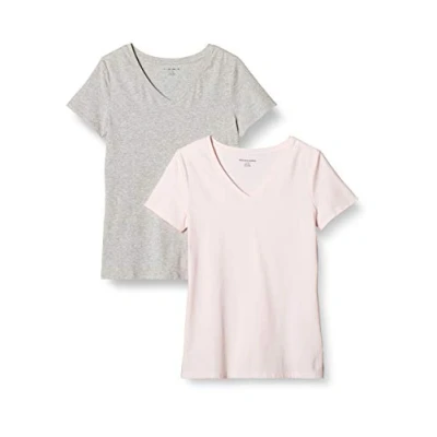 Abbildung von Amazon Essentials Damen Kurzärmeliges T Shirt mit V Ausschnitt, Klassischer Schnitt, 2er Pack, Hellrosa/Hellgrau Meliert, M