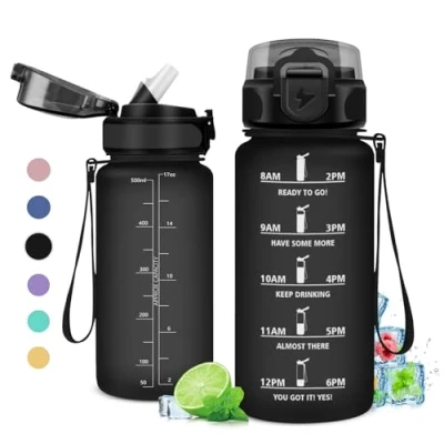 Abbildung von trinkflasche Kinder 500ml, mit Zeitmarkierung, strohhalm, Auslaufsicher Wasserflasche Kohlensäure Geeignet für Fahrrad, Schule, Maedchen, Sport