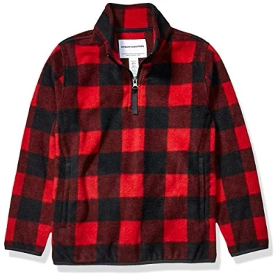 Abbildung von Amazon Essentials Jungen Pulloverjacke aus Polarfleece mit Viertelreißverschluss, Rot Exploded Buffalo Karo, 9 Jahre
