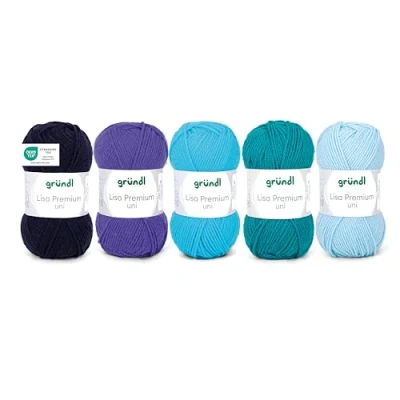 Abbildung von Gründl Wolle Lisa Premium uni, Garn zum Stricken und Häkeln aus 100% Polaycryl, 50 g / 133 m, 5 x Knäuel, Strickset, Marine Blau Türkis Petrol