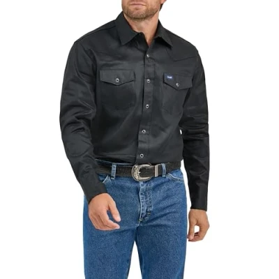 Abbildung von Wrangler Herren Arbeitshemd mit Cowboy Schnitt, langärmelig, Schnappverschluss, festes Finish, schwarz, X Groß