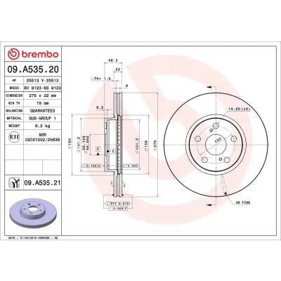 Abbildung von BREMBO COATED DISC LINE 09.A535.21 Bremsscheibe 275 22 5 innenbelüftet beschichtet TOYOTA: Verso S, Urban Cruiser, Corolla X Saloon
