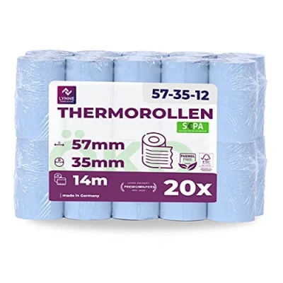 Abbildung von ÖKO EC Cash Rollen Thermorollen 57mm x 14m 12mm Kassenrollen Thermopapier Bonrollen für Bankomat Kredit Kartenlesegeräte (57x35x12) mit SEPA Lastschrifttext (20 Rollen)