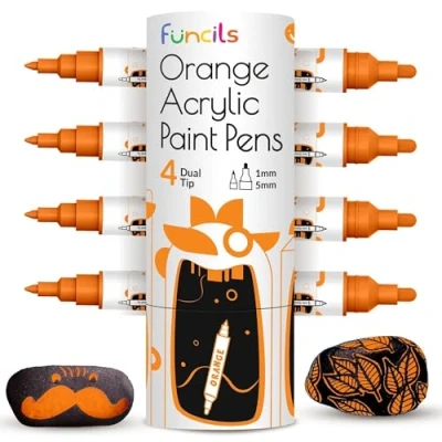 Abbildung von 4 Dual Tip Orange Metallic Acrylmarker Feine &amp; Mittlere Spitzen Stifte für Metall, Holz, Leinwand, Stein, Keramik, Glas, Stoff, Kunststoff Wasserbasierte, Schnelltrocknende Tinte