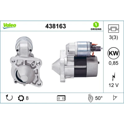 Abbildung von VALEO NEW ORIGINAL PART 438163 Anlasser 12 0,85 8 RENAULT: CLIO 2, Scénic 1, LAGUNA DACIA: Sandero I, Lodgy, Duster Off Road