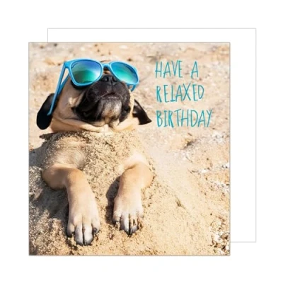 Abbildung von Edition Seidel Premium quadratische Geburtstagskarte mit Umschlag. Glückwunschkarte Happy Birthday Billet Karte für Frau Mann Strand Hund Mops Relax (GQ293 SW024)