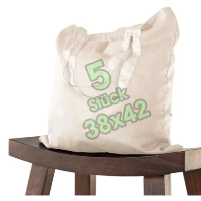 Abbildung von ELES VIDA 5 STÜCK Baumwolltaschen Natur (5er Set 38x42) ORIGINAL ÖKO TEX® geprüfte Markentasche, Lange Henkel, Jutebeutel, Jute Stoffbeutel, Einkaufstasche, Stoff Taschen aus 100% Baumwollstoff