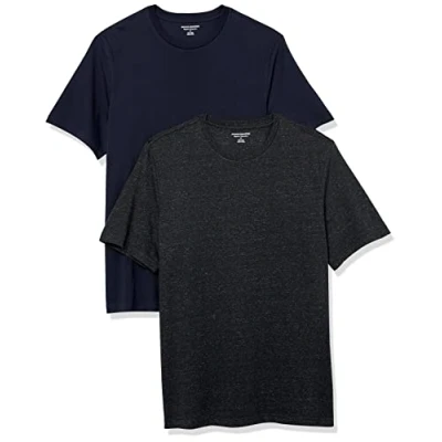 Abbildung von Amazon Essentials Herren Kurzärmliges T Shirt mit Rundhalsausschnitt in normaler Passform, 2er Pack, Dunkelgrau Meliert/Marineblau, L