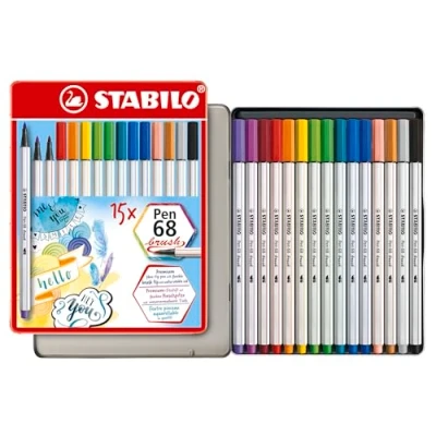 Abbildung von Premium Filzstift mit Pinselspitze für variable Strichstärken STABILO Pen 68 brush 15er Metalletui 15 verschiedenen Farben