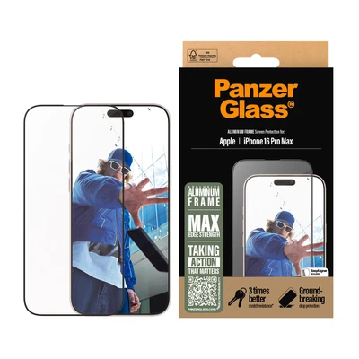 Abbildung von Apple iPhone 16 Pro Max Panzerglas PanzerGlass Screenprotector Aluminium Frame Screen Protector Aluminiumrahmen Ultra Wide Fit mit Applikator für