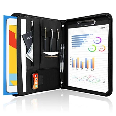 Abbildung von ProCase A4 Schreibmappe PU Kunstleder Konferenzmappe Portfolio mit Reißverschluss Klemmbrett Notizblock Business Dokumentenmappe, leichtes, langlebiges Material Schwarz