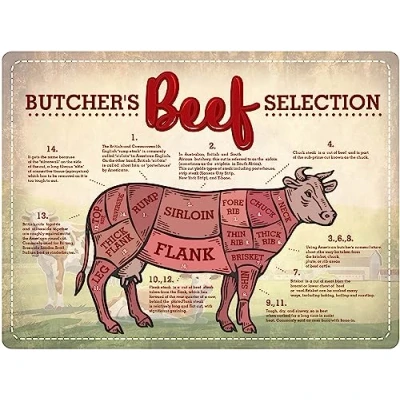 Abbildung von DODINO 30x40cm, BUTCHERS SELECTION, Retro Metall BBQ Wandschild Blechschild Vintage Kuh Schneiden Rind Küche Rindfleisch