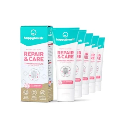 Abbildung von happybrush® Vegane Zahnpasta Repair&amp;Care mit frischem Kräuter Geschmack für sensitive/schmerzempfindliche Zähne Zahncreme Vorratspack (5 x 75ml)