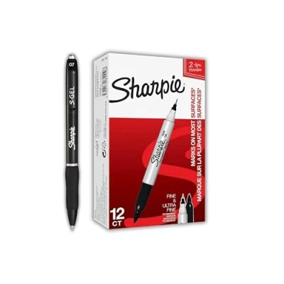 Abbildung von Sharpie Permanentmarker mit Doppelspitze, feine und ultrafeine Spitze, S Gel, mittlere Spitze (0,7 mm), 12 Marker + 1 Gelstift, Schwarz