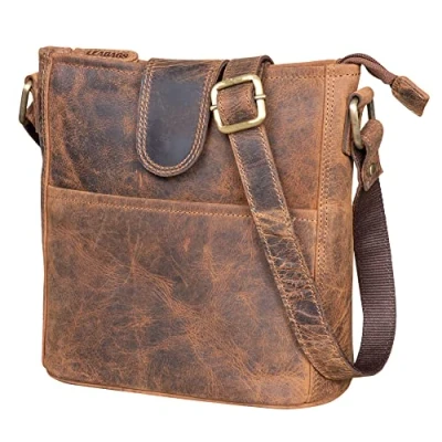 Abbildung von LEABAGS Leder Handtasche Damen I Premium Echtleder Umhängetasche Schultertasche Damentasche Tragetasche für Arbeit Uni Schule Freizeit Größe M (24 x 23 6 cm) Vintage Dunkelbraun