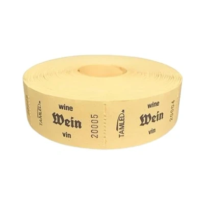 Abbildung von TAMLED Bonrolle WEIN gelb 1 Rolle mit 1000 perforierten Abrissen fortlaufend nummeriert Gastromarken Festival Getränke Verpflegung Events Firmenveranstaltung Volksfest Verein Wertmarke
