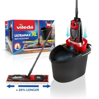 Abbildung von Vileda Ultramax XL 2in1 Bodenwischer Komplett Set, extrabreiter Wischmopp mit Stiel, Mikrofaserbezug und Eimer Powerpresse, für alle Hartböden, Wischerplatte 42cm, Stiellänge 75 130cm