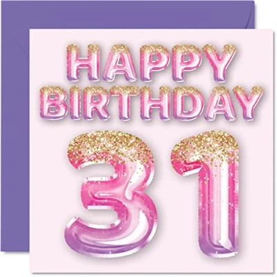 Abbildung von Stuff4 Geburtstagskarte zum 31. Geburtstag für Frauen rosa und lila Glitzerballons Happy Karten 31 Jahre alte Frau Freund Schwester Mama Tante, 145 mm x Grußkarten Geschenk