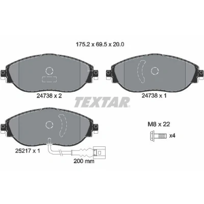 Abbildung von TEXTAR 2473801 Bremsbelagsatz mit integriertem Verschleißwarnkontakt Bremssattelschrauben VOLKSWAGEN: Sharan II, Golf 7, Passat B8 Variant