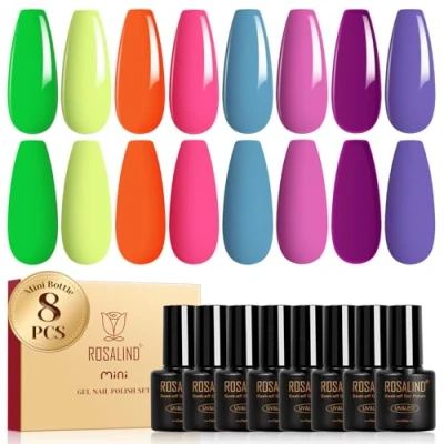 Abbildung von ROSALIND UV Nagellack, 8 Farben Grün Gelb Orange Rosa Blau Lila Gel Nagellack Set,Shellac Soak Off Nail Polish Für Lampe Farbgel Frühling Sommer Gelnägel Maniküre Geschenkset