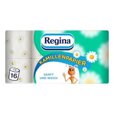 Abbildung von Regina Kamillenpapier 3 lagiges Toilettenpapier 16 Rollen Packung, 150 Blatt pro Rolle, Weich und Sanft mit Kamillenduft FSC zertifiziertem Papier