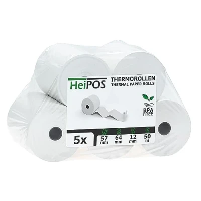 Abbildung von HeiGroup HeiPOS 5x Thermorollen BPA frei (B/Ø) 57mm / 64mm Länge 50m, Kern Ø 12mm, Flächengewicht 52 g/m2, Dicke 60 µm, 10 Jahre Haltbarkeit