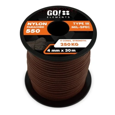 Abbildung von GO!elements 30m Paracord Seil aus reißfester Nylonschnur 4mm 550 Typ III Schnur geeignet als Allzweckseil &amp; Reepschnur Max. 250kg, Farbe: Braun