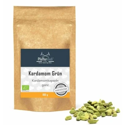 Abbildung von Wilder Grüner Kardamom ganz, Kardamomkapseln, Premium BIO Qualität, handverlesen, 100g Pfefferdieb®