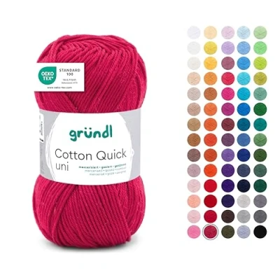 Abbildung von Gründl Wolle Cotton Quick uni dünne zum Häkeln Strickgarn Häkelgarn Glänzend und hautfreundlich 100% Baumwolle 1 Knäuel 50 g / 125 m Nadelstärke 3 4 weinrot