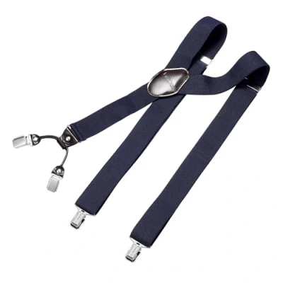 Abbildung von DonDon Hosenträger Herren extra stark 3,5 cm breit mit 4 Clips in Y Form und braunem Leder Patch, Navy blau