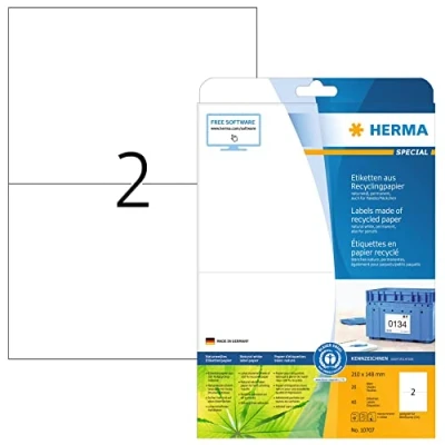Abbildung von HERMA 10707 Recycling Etiketten, 20 Blatt, 210 x 148 mm, 2 pro A4 Bogen, 40 Stück, selbstklebend, bedruckbar, matt, blanko Papier Klebeetiketten Aufkleber, natur weiß