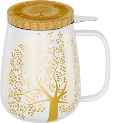 Abbildung von amapodo Teetasse mit Deckel und Sieb 600ml Porzellan Tee Tasse groß Jumbotasse XXL Tea Cup Set Weiß plastikfrei