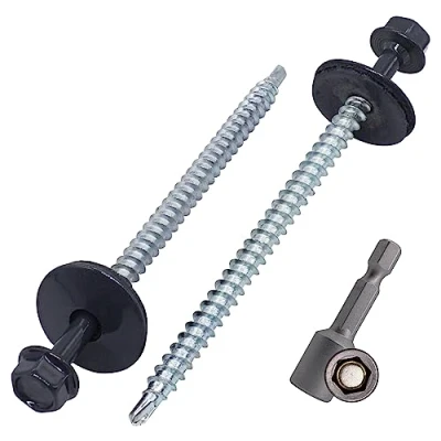 Abbildung von SKIR&#039;CO (50 Stück) lackierte Dachschrauben 4,8 x 80 mm, Sechskantkopf, selbstbohrende Schrauben mit EPDM Unterlegscheiben (Anthrazitgrau, RAL 7016)