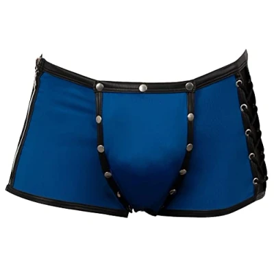Abbildung von Orion Herren Pants erotische Boxer Shorts für Männer, mit abnehmbaren Penis Beutel, seitlicher Kreuz Schnürung, Druck Knopfreihen, blau/schwarz