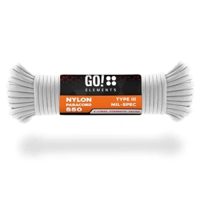 Abbildung von GO!elements 15m Paracord Seil aus reißfester Nylonschnur 4mm 550 Typ III Schnur geeignet als Allzweckseil &amp; Reepschnur Max. 250kg, Farbe: Weiß