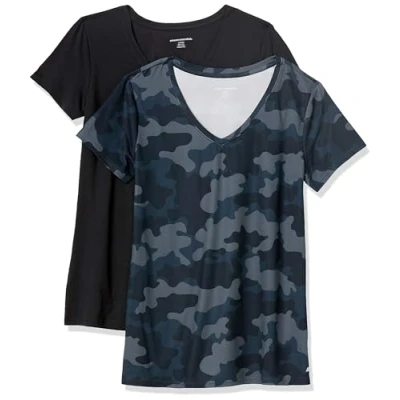 Abbildung von Amazon Essentials Damen Tech Stretch T Shirt mit kurzen Ärmeln und V Ausschnitt (erhältlich in Übergröße), 2er Pack, Marineblau Tarnmuster/Schwarz, L