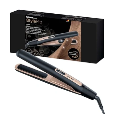 Abbildung von Beurer HS 100 Haarglätter mit Schnellaufheizung in 12 Sekunden, Glätteisen Keramik Beschichtung, Ionenfunktion für glänzendes Haar, abgerundete Kanten Locken Styles