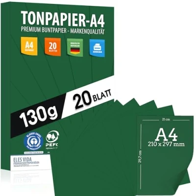 Abbildung von Tonpapier DUNKELGRÜN A4 130g/m² Stabil Bastelpapier &amp; Farbige Blätter, Kinder DIY Bogen, Zubehör zum Basteln für Geschenke Kreativ sein Bedruckbar DIN MADE IN GERMANY