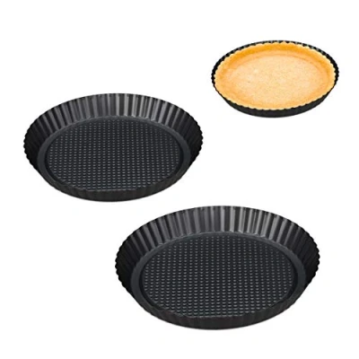 Abbildung von Relaxdays Obstbodenform, 3er Set, Ø 21/26/28 cm, Biskuitboden Backform, antihaft, Vertiefung, Kuchenbodenform, anthrazit