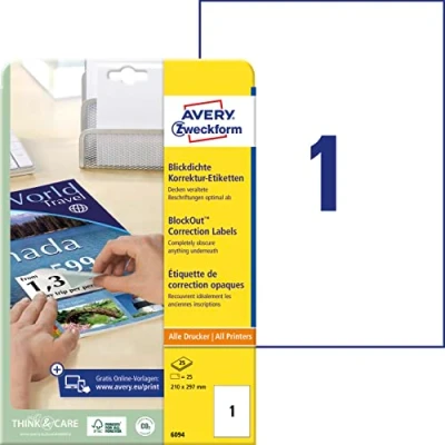 Abbildung von AVERY Zweckform 6094 Abdeck Etiketten (blickdichte, selbstklebend, A4 Format, 210 x 297, für alle Drucker) 25 weiß