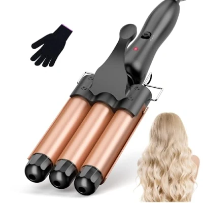 Abbildung von Welleneisen für Haare 25mm Lockenstab mit 3 Fässern Beach Waves, Wasserwellen, Mermaid Waves 2 Temperaturstufen PTC Schnellheizung Handschuh, Or rosa