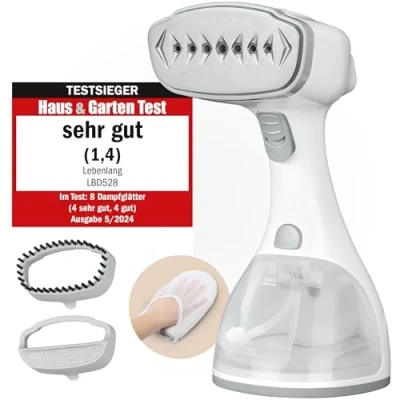 Abbildung von LEBENLANG Steamer Dampfglätter TESTSIEGER 1500W &amp; 300ml inkl. Bügelhandschuh Aufsätze I Pro Dampfsteamer für Kleidung Clothing Dampfbügeleisen Stiemer Bügeleisen for Hand held steam iron go