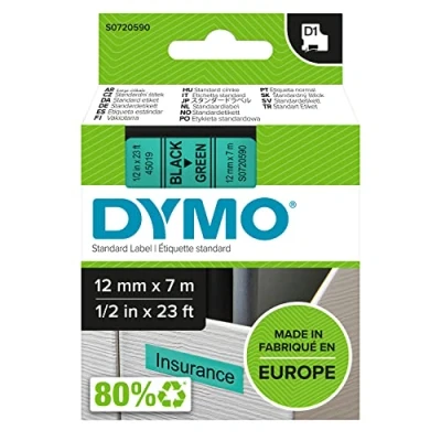 Abbildung von DYMO Original D1 Etikettenband, schwarz auf grün, 12 mm x 7 m, selbstklebendes Schriftband, für LabelManager Beschriftungsgerät