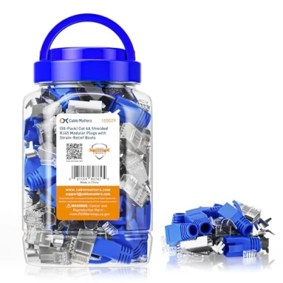 Abbildung von Cable Matters 50 Pack Cat6A RJ45 geschirmte modulare Stecker mit Zugentlastungsmanschetten/Cat 6A